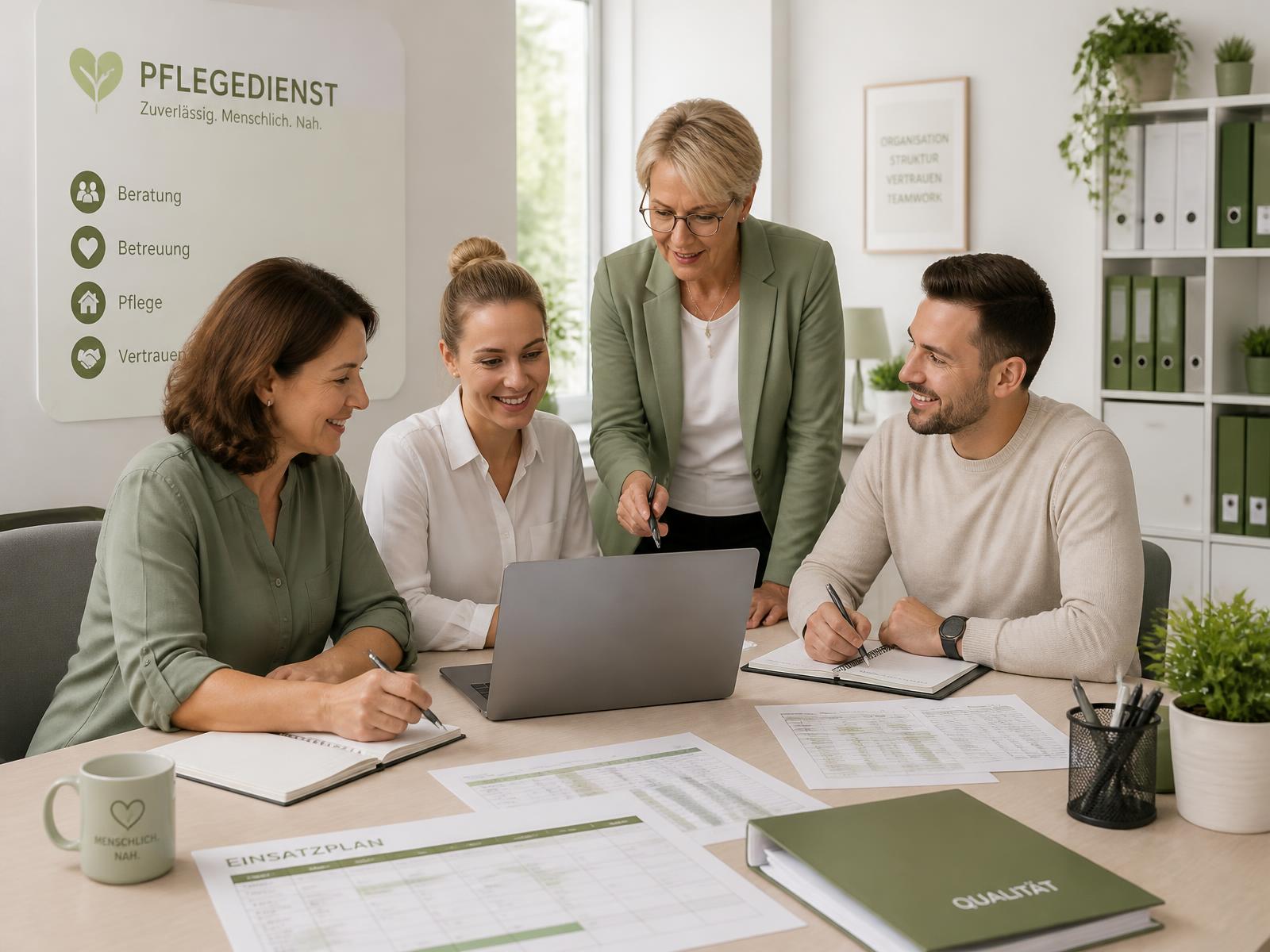 Team eines Pflegedienstes bespricht Planung und Einsatzplan am Laptop